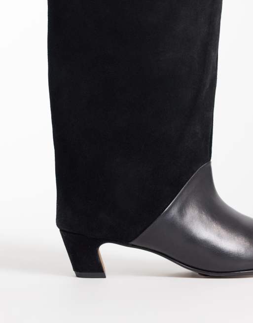ASOS DESIGN Castiel kitten heel pull on knee boots in black leather suede mix, 3 of 4