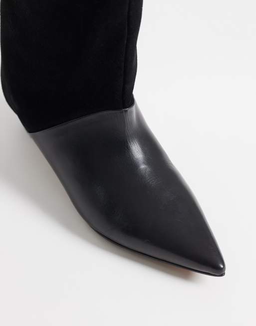 ASOS DESIGN Castiel kitten heel pull on knee boots in black leather suede mix, 4 of 4