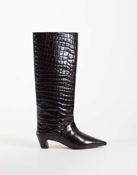 ASOS DESIGN Castiel real leather kitten heel pull on knee boots in chocolate croc - view 1