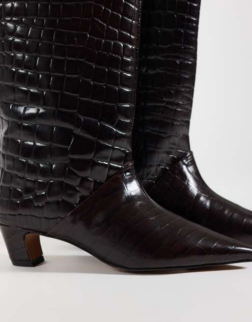 ASOS DESIGN Castiel real leather kitten heel pull on knee boots in chocolate croc, 2 of 4