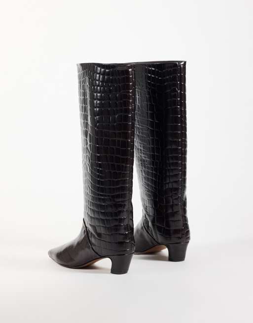 ASOS DESIGN Castiel real leather kitten heel pull on knee boots in chocolate croc, 3 of 4