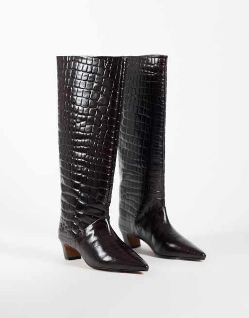 ASOS DESIGN Castiel real leather kitten heel pull on knee boots in chocolate croc, 4 of 4
