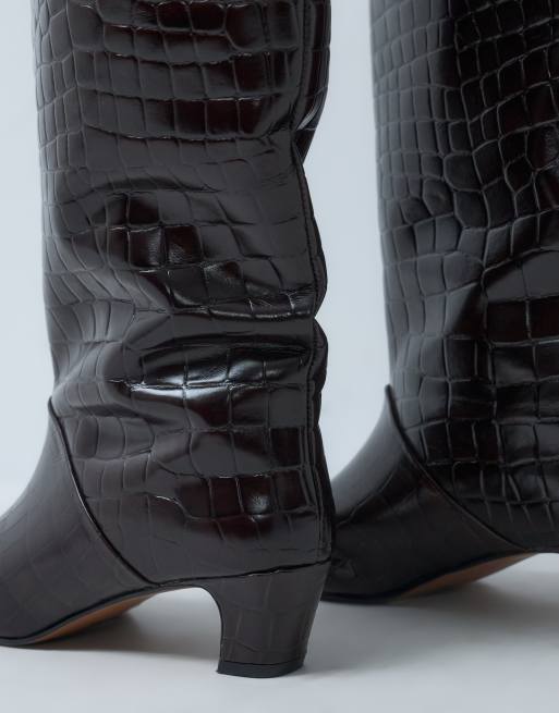 ASOS DESIGN Castiel real leather kitten heel pull on knee boots in chocolate croc, 5 of 5