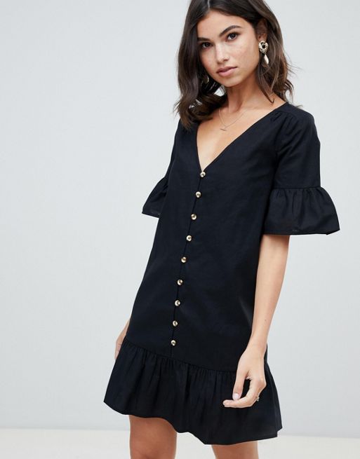 ASOS DESIGN casual button through mini smock dress with frill hem | ASOS