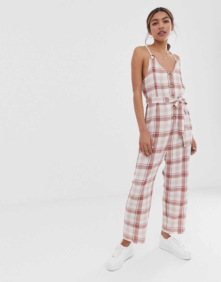ASOS DESIGN casual check jumpsuit with rope straps and button front-Multi