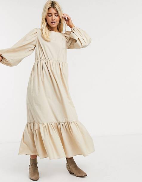 ASOS DESIGN casual cotton maxi dress with puff sleeves in stone