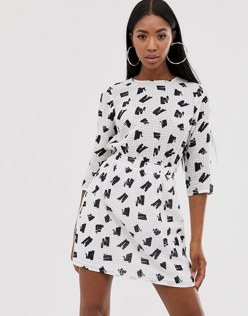 ASOS DESIGN casual elasticated mini dress in grid texture in splodge print-Multi