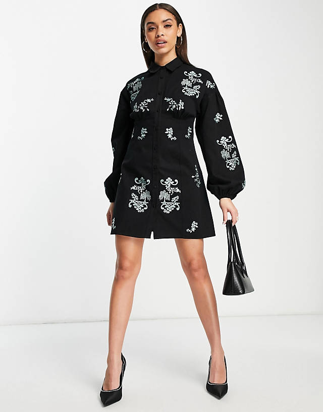 ASOS DESIGN casual embroidered mini shirt dress with bust detail in black