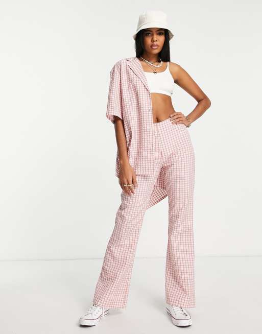 ASOS DESIGN casual flare pants in pink check - part of a set