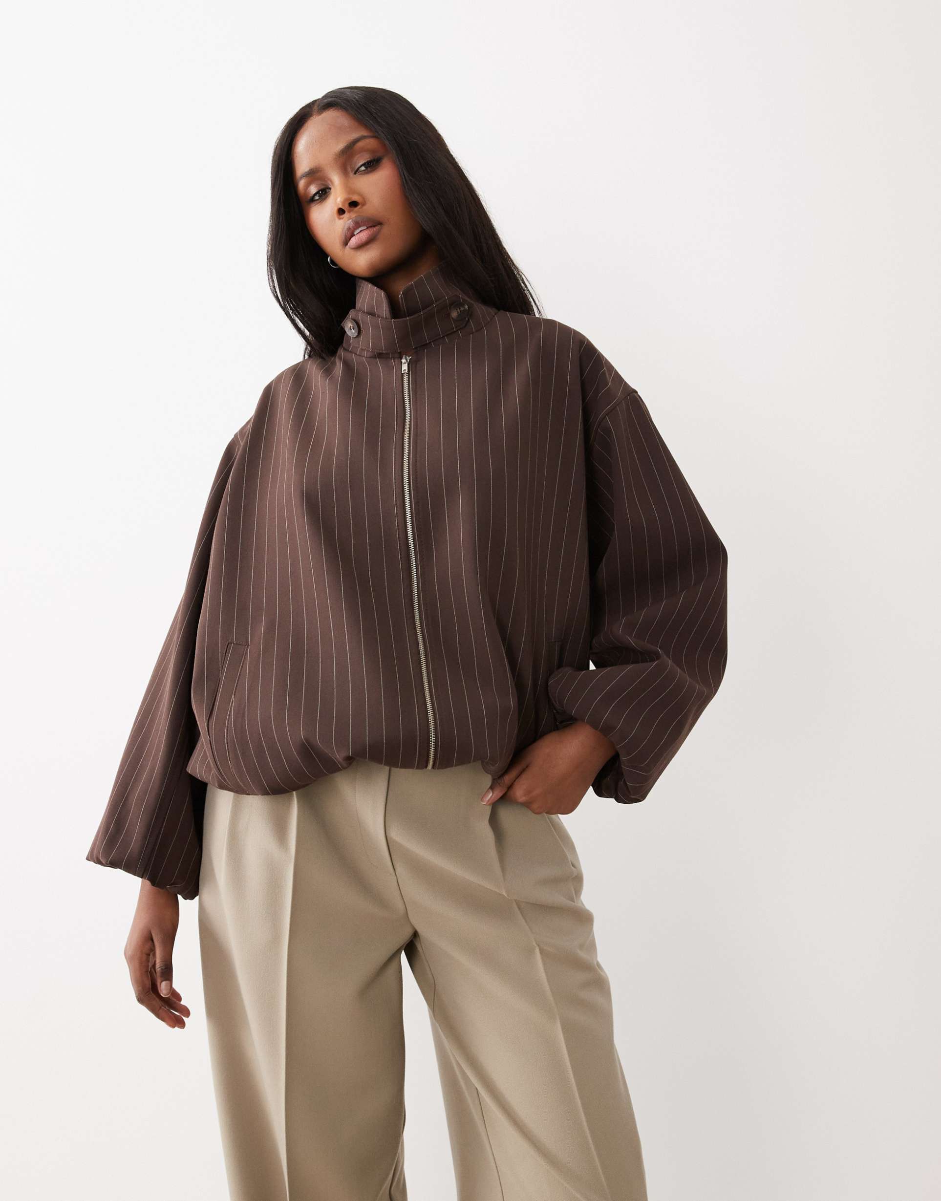 asos design casual harrington jacket with funnel neck in brown pinstripes