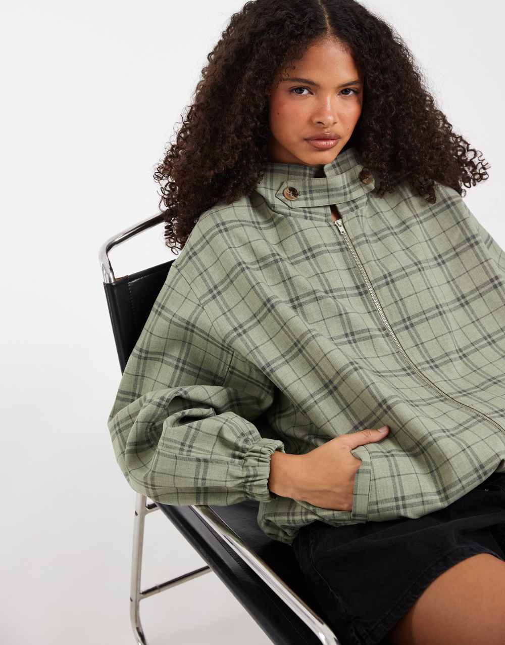 ASOS DESIGN casual harrington jacket with funnel neck in green check