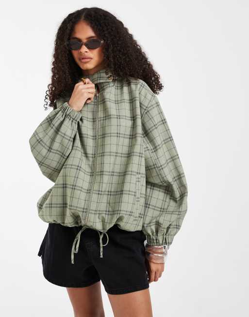 ASOS DESIGN casual harrington jacket with funnel neck in green check, 4 of 4