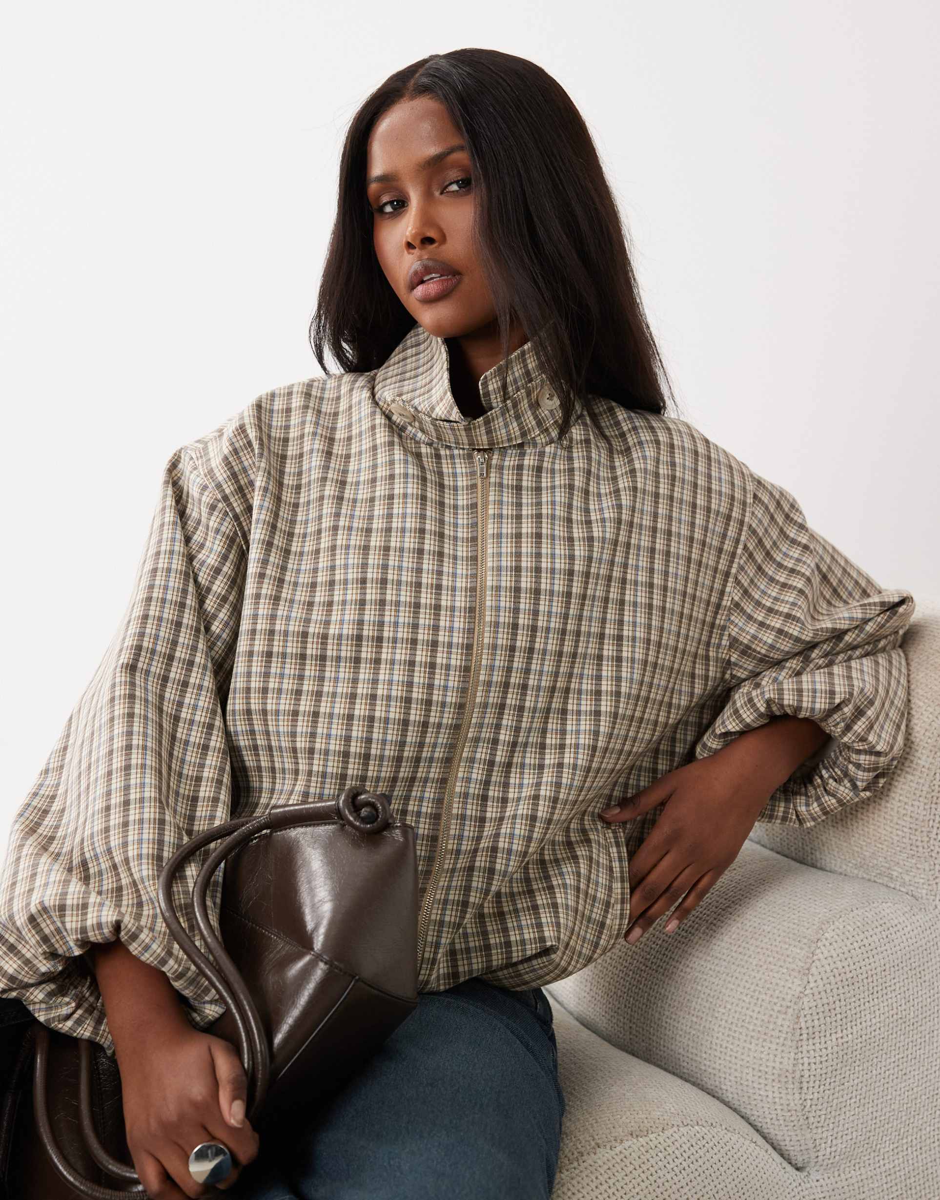 asos design casual harrington jacket with funnel neck in plaid