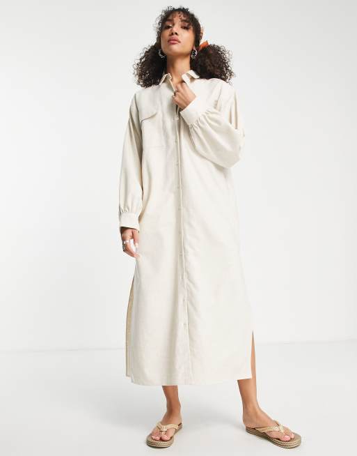 ASOS DESIGN denim oversized shirt dress in beige