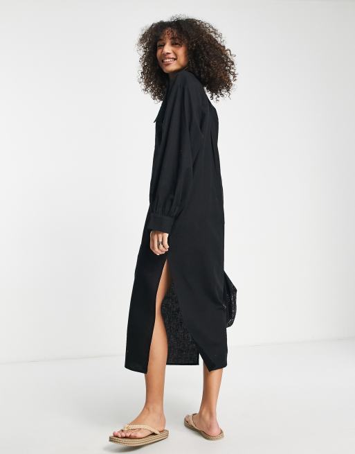 ASOS DESIGN casual linen maxi shirt dress in black, 3 of 4