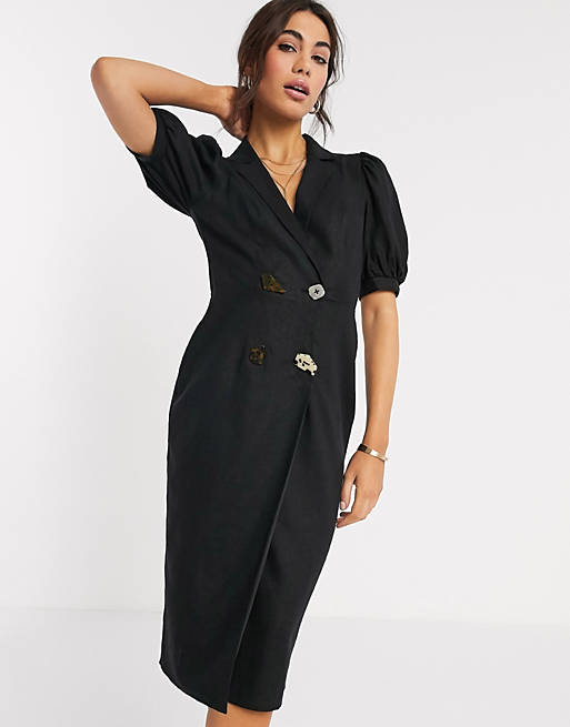 ASOS DESIGN casual midi tux dress with mixed buttons in black