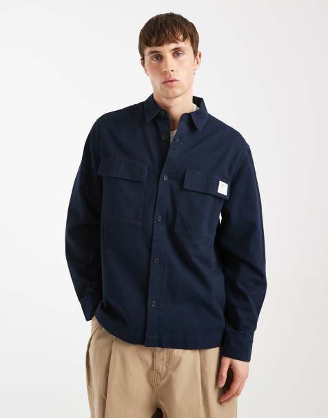 ASOS DESIGN casual overshirt with badge in navy - view 1