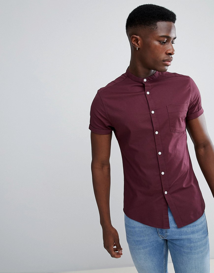 ASOS Design - Casual skinny Oxford overhemd zonder kraag in bordeauxrood