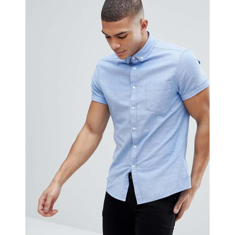 ASOS DESIGN casual skinny short sleeve oxford shirt in light blue