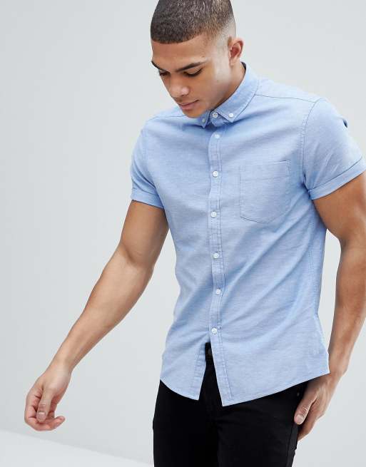 ASOS DESIGN casual skinny short sleeve oxford shirt in light blue | ASOS