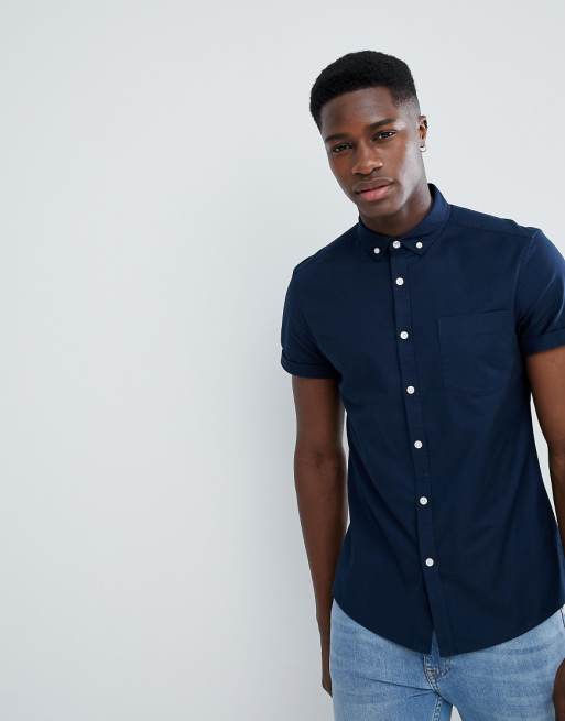 Asos Design Casual Slim Fit Oxford Shirt In Navy Asos
