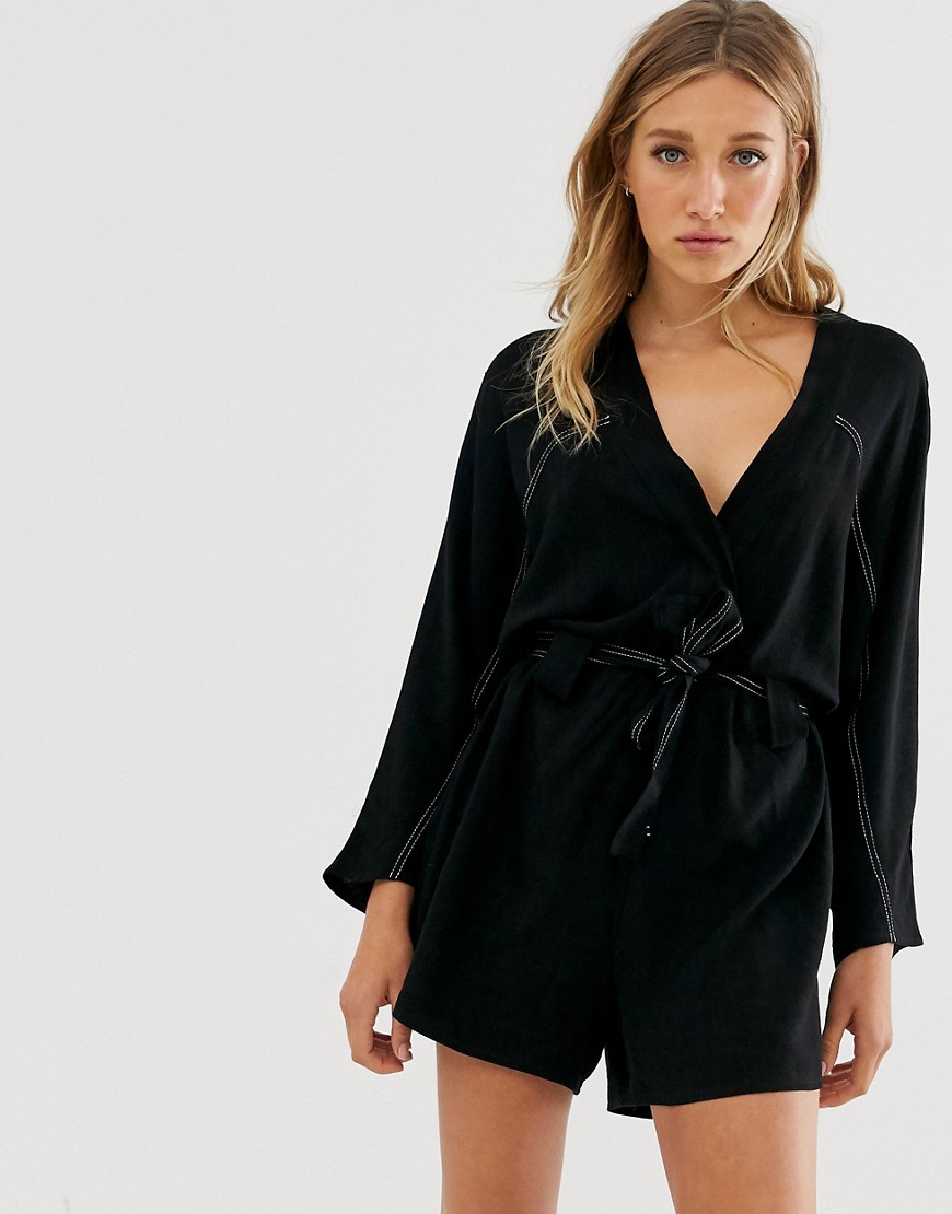 ASOS DESIGN casual slouchy tie waist romper with contrast stitching-Black