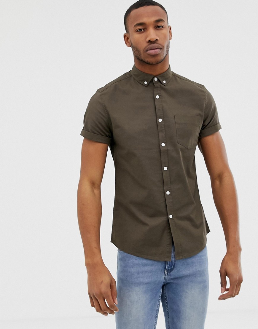 ASOS Design - Casual smal Oxford overhemd in kaki-Groen
