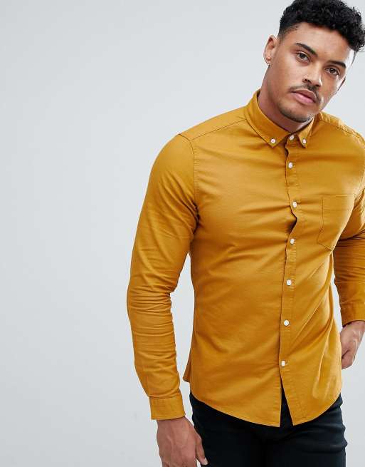 ASOS DESIGN - Casual smal Oxford overhemd in mosterdgeel