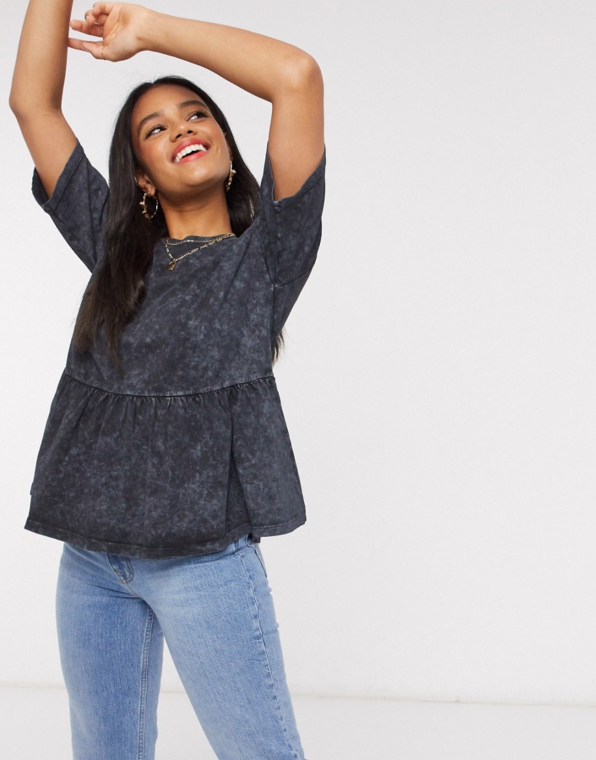 Asos Design Casual Smock Top In Washed Charcoal-grey