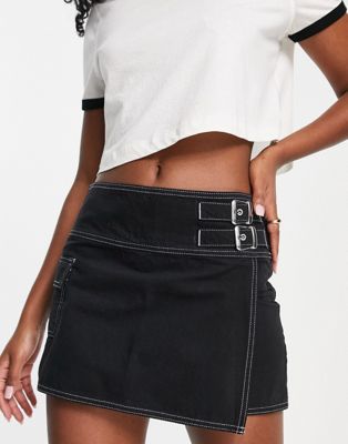 ASOS DESIGN casual wrap skirt with buckles in washed black