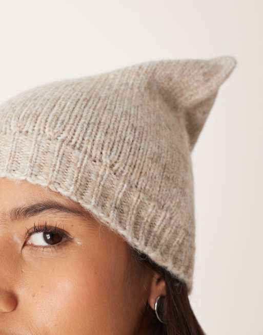 ASOS DESIGN cat ears knit beanie in oatmeal