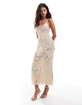 asos design cat eye embellished midaxi dress in cream