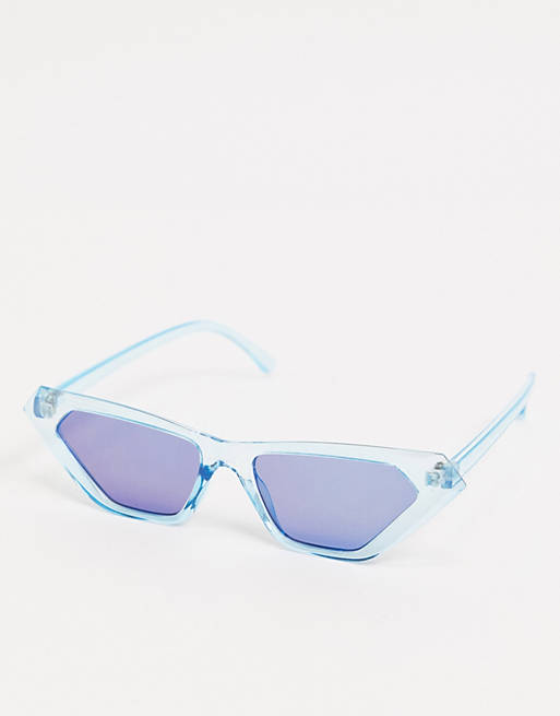 ASOS DESIGN cat eye sunglasses in metallic blue with blue flash lens