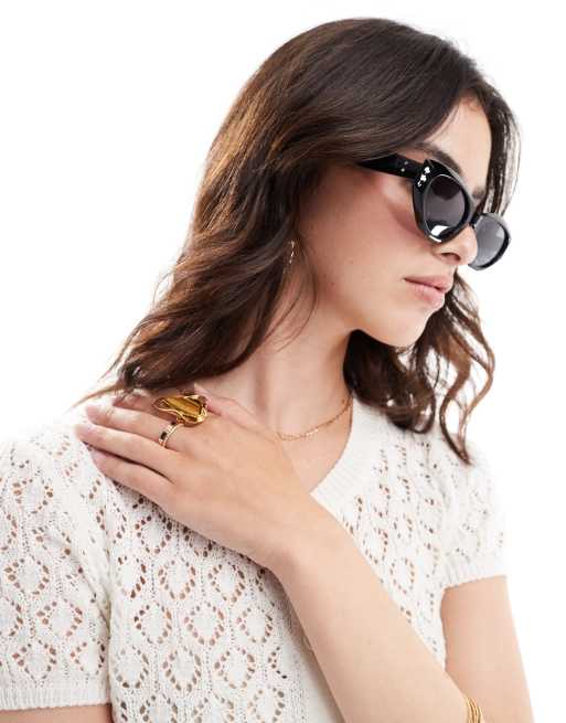 ASOS DESIGN cat eye sunglasses with bevel in black, 3 of 4