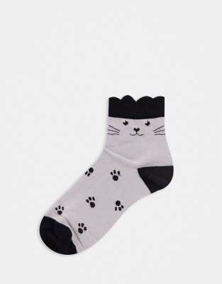 ASOS DESIGN - Sokken met kattenprint en oortjes in grijs en zwart Grijs