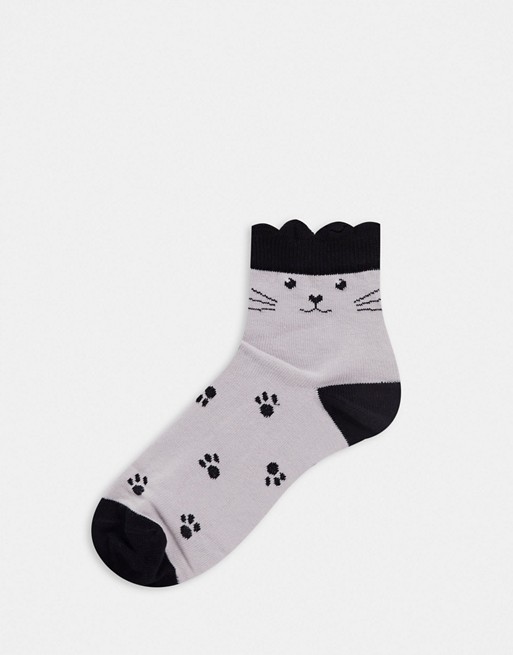 ASOS DESIGN cat printed socks with ears in grey and black