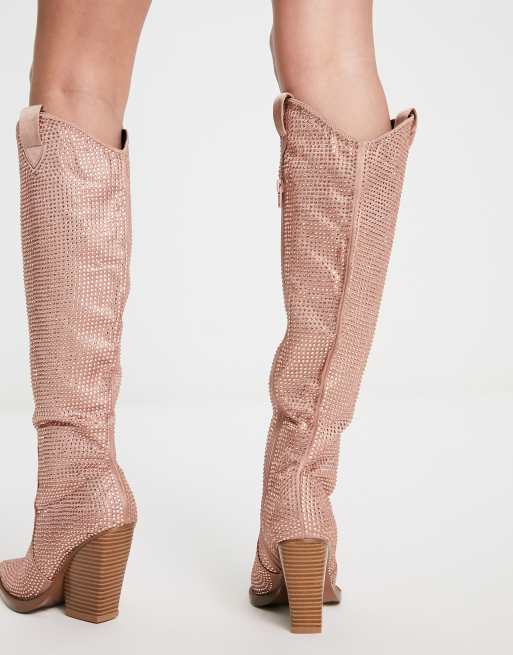 ASOS DESIGN - Catapult - Bottes hauteur genou à talon style western ornées de strass - Or rose, 2 de 4