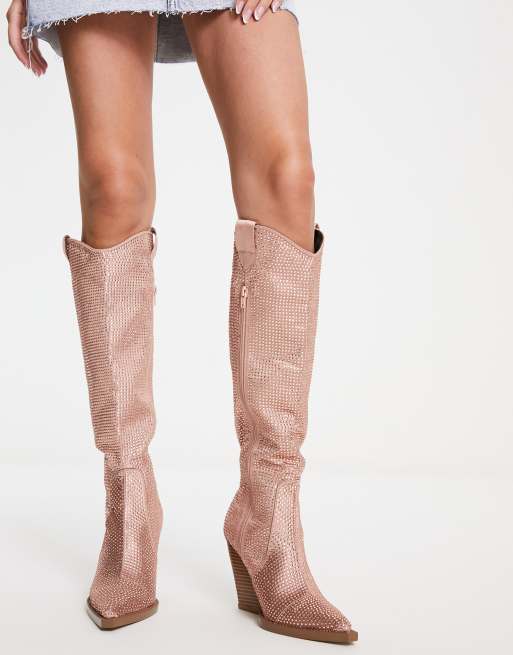 ASOS DESIGN - Catapult - Bottes hauteur genou à talon style western ornées de strass - Or rose, 3 de 4
