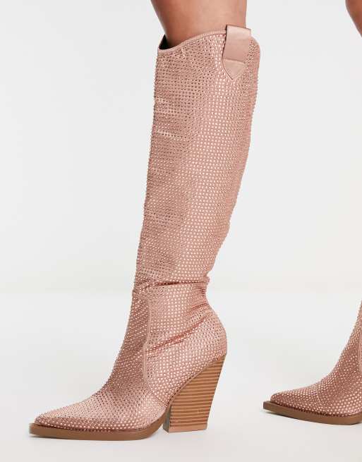 ASOS DESIGN - Catapult - Bottes hauteur genou à talon style western ornées de strass - Or rose, 4 de 4
