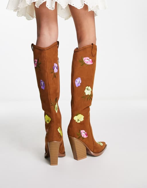 ASOS DESIGN Catapult embroidered heeled western knee boot in brown