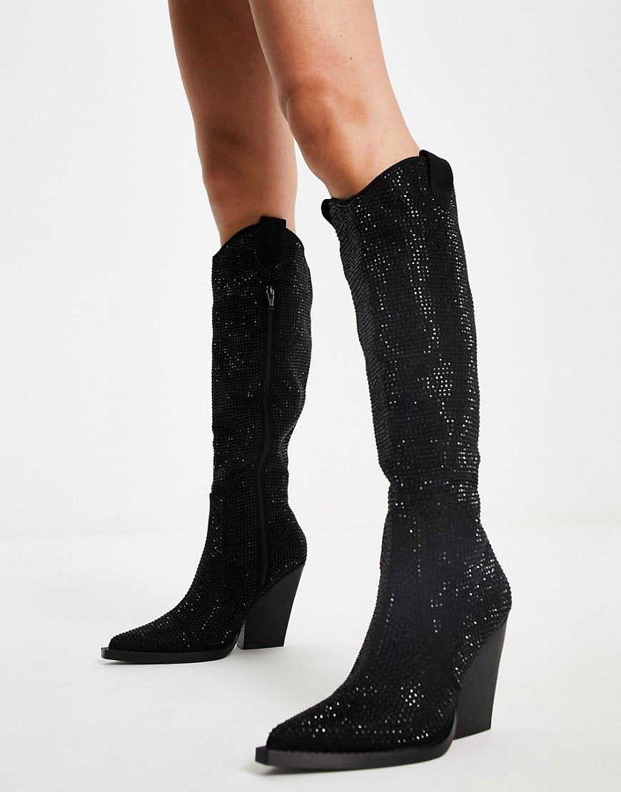 ASOS DESIGN Catapult heeled western knee boots in black rhinestones