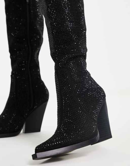 ASOS DESIGN Catapult heeled western knee boots in black rhinestones