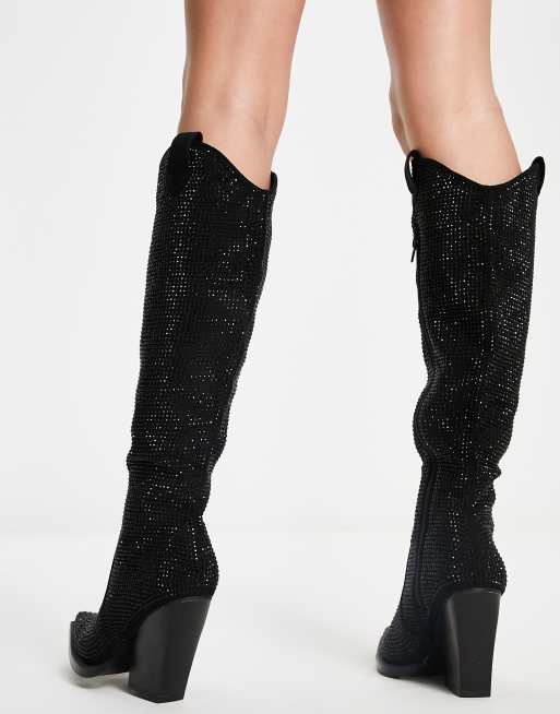 ASOS DESIGN Catapult heeled western knee boots in black rhinestones