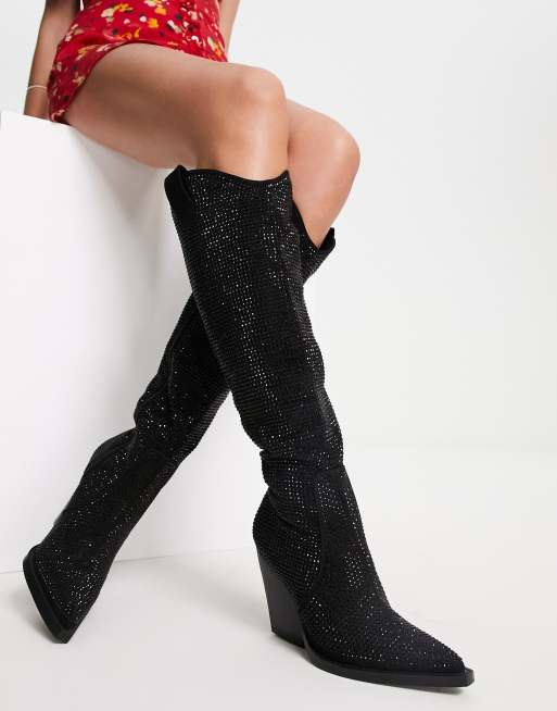 ASOS DESIGN Catapult heeled western knee boots in black rhinestones