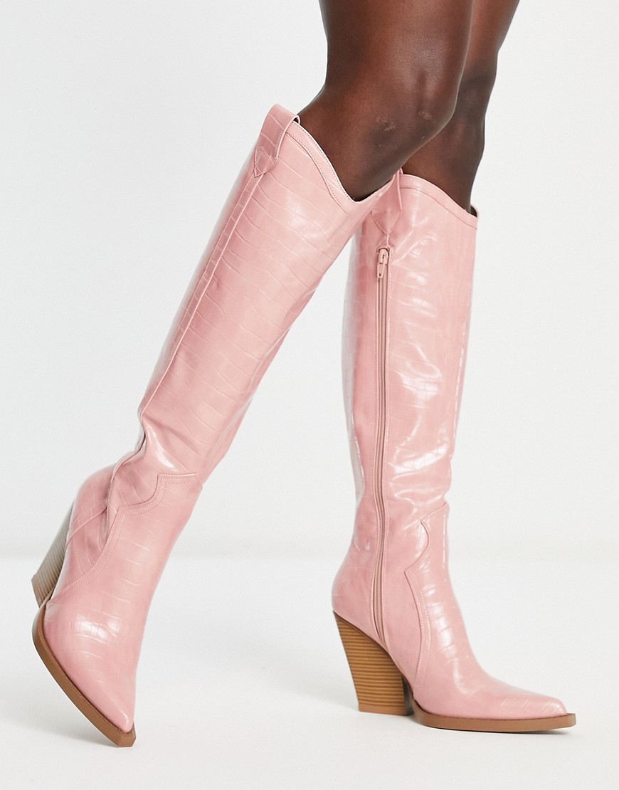 Asos Design Catapult Heeled Western Knee Boots In Pink Croc