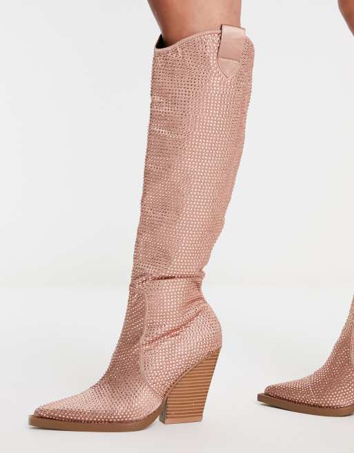 ASOS DESIGN Catapult heeled western knee boots in rose gold rhinestones