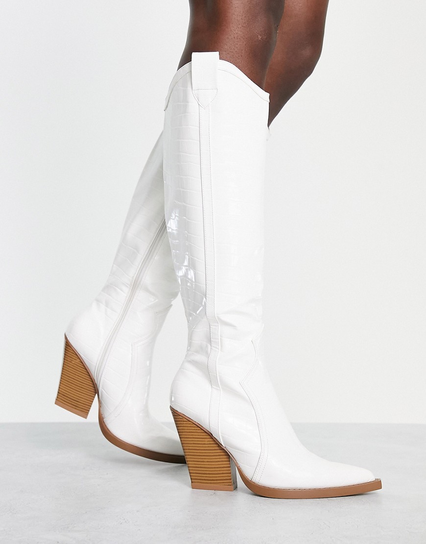 Asos Design Catapult Heeled Western Knee Boots In White Croc