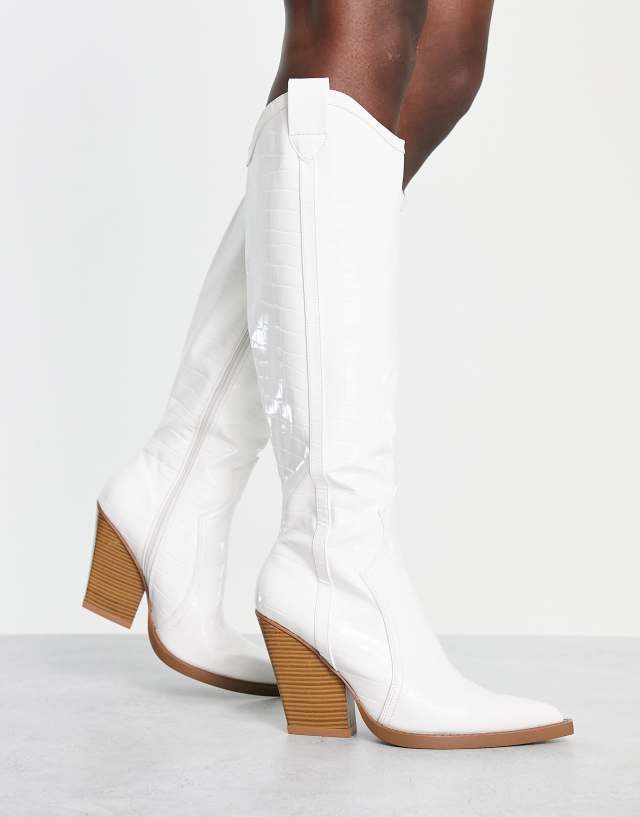 ASOS DESIGN Catapult heeled western knee boots in white croc