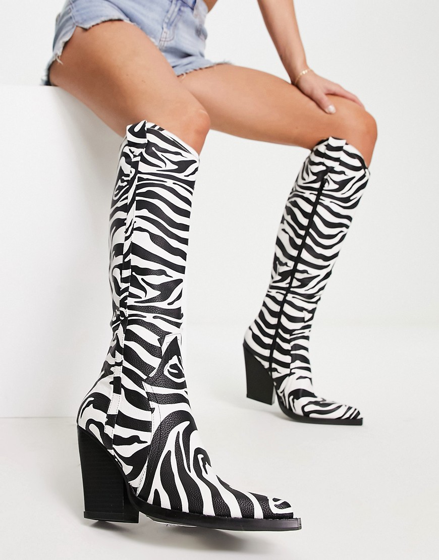 ASOS DESIGN Catapult heeled western knee boots in zebra-Multi