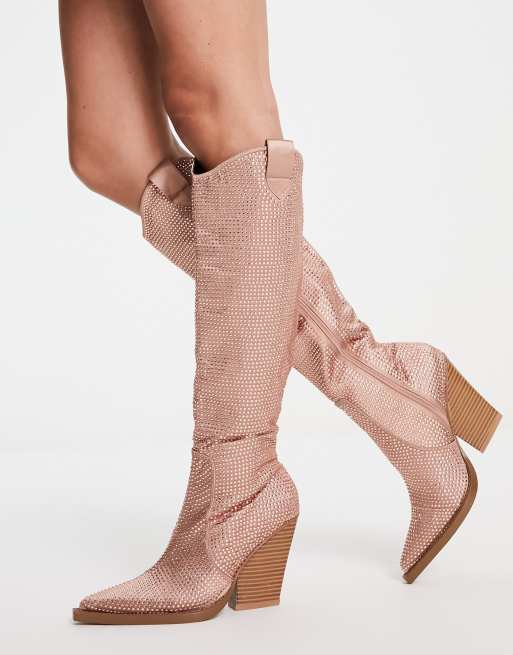 ASOS DESIGN - Catapult - Kniehoge westernlaarzen met hak en siersteentjes in roségoud